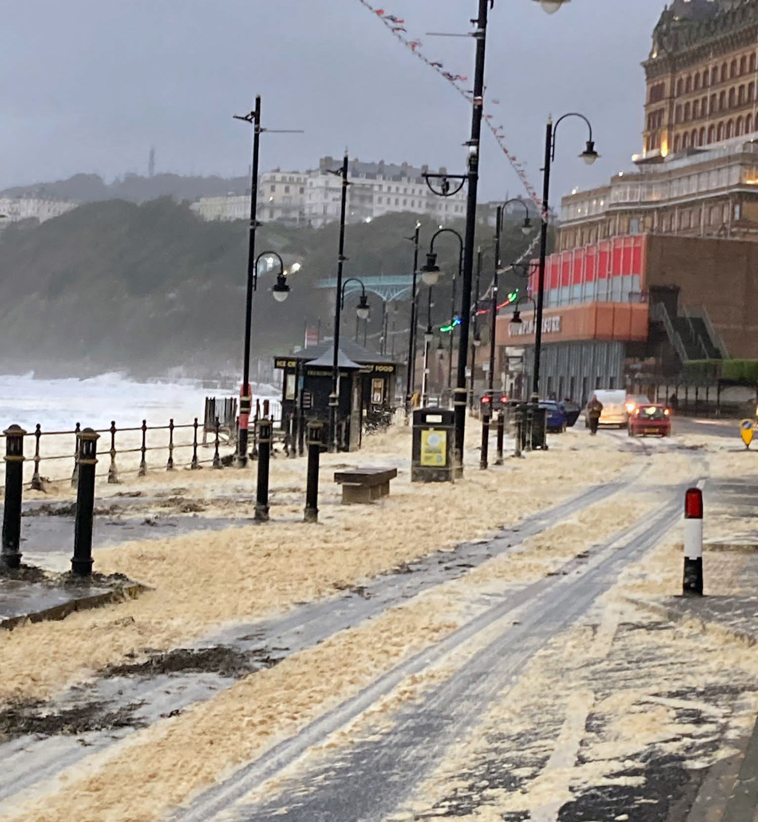 The scene on The Foreshore at Scarborough
