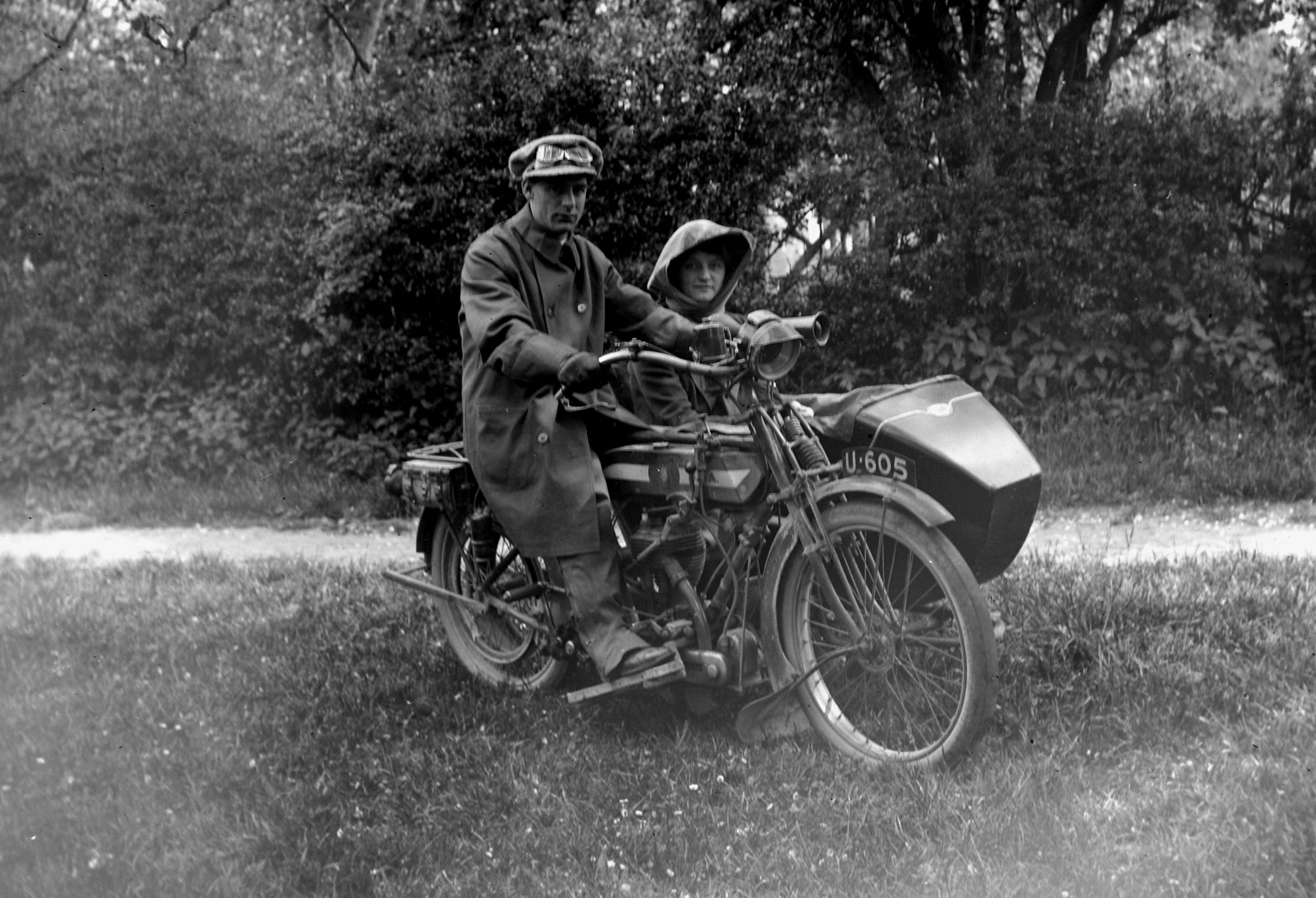 A motorbike and sidecar dated from 1920s. From a collection of photographs by local amateur photographer Louisa Kruckenberg.