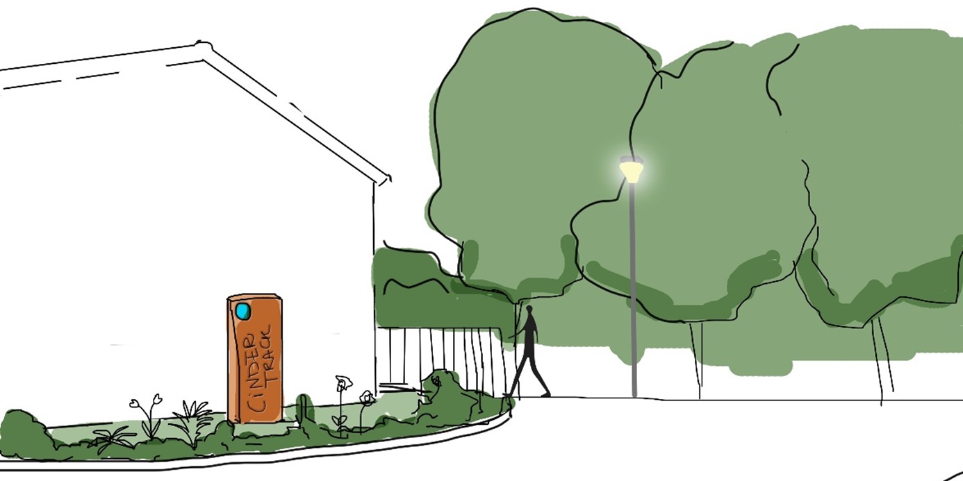 Sketch of the Chichester Close gateway to the cinder track