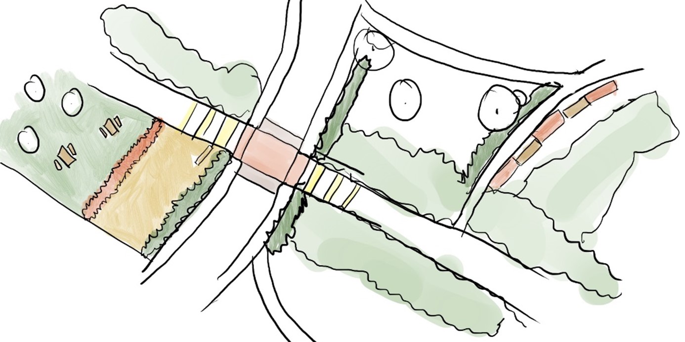 Aerial view illustrating how the crossing and surrounding space at Newby Farm Road would look, including picnic tables on the grass and wildflowers meadows.