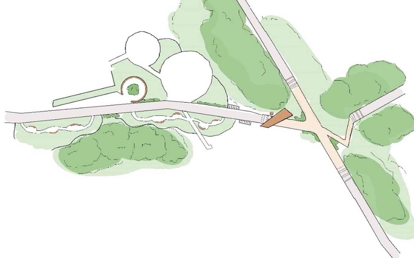 How the gateway to the Cinder Track from the Gallows Community Centre and primary school would look. The design includes planting, seating and cycle stands.