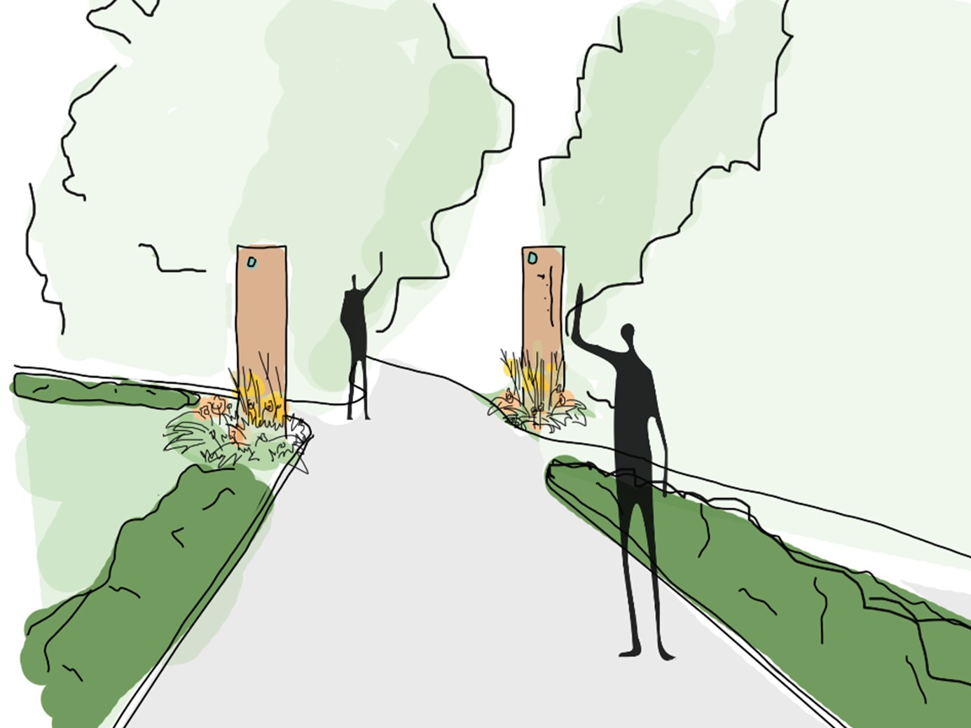 Sketch of proposed intersection design, including planting, signs and sculptures 