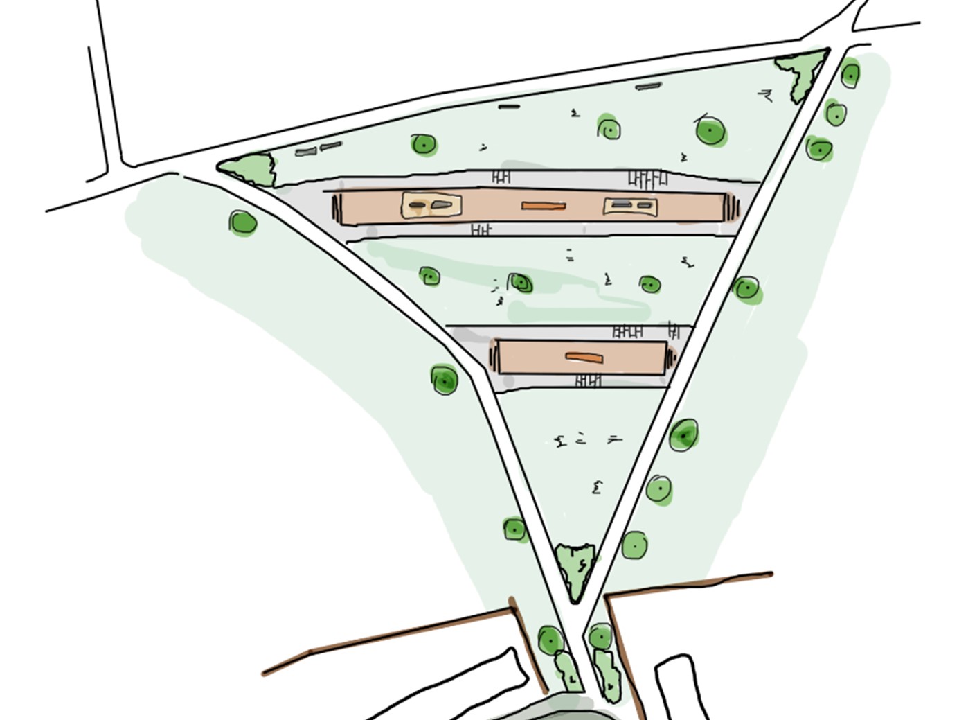 Aerial view of the historic carriage sidings, including new platforms, signage, shelters, seating, trees and wildflowers.