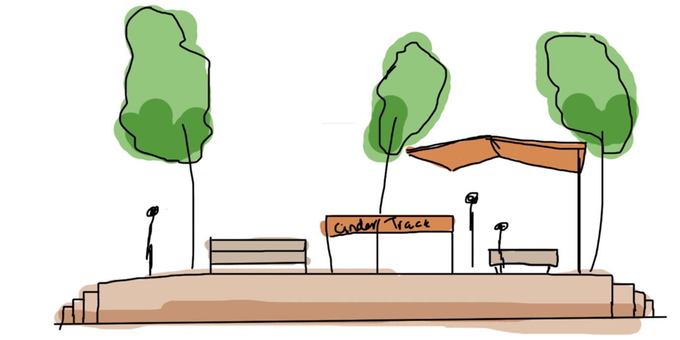 Sketch of the historic carriage sidings, including new platforms, signage, shelters, seating, trees and wildflowers.