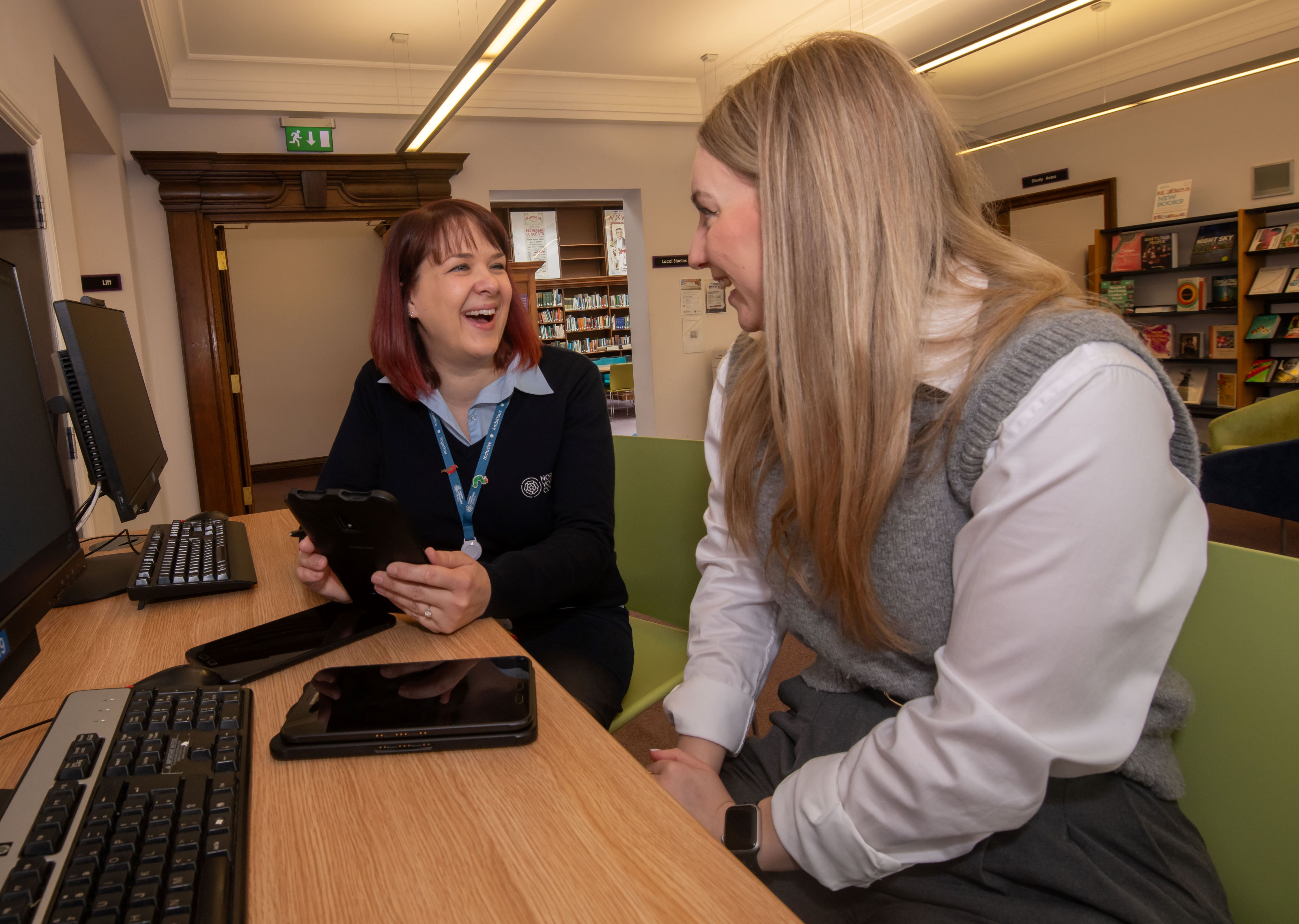 North Yorkshire Council’s library supervisor at Harrogate Library, Catherine Skyvington, and Vp plc’s group risk and sustainability officer, Ellie Rose, at Harrogate Library.