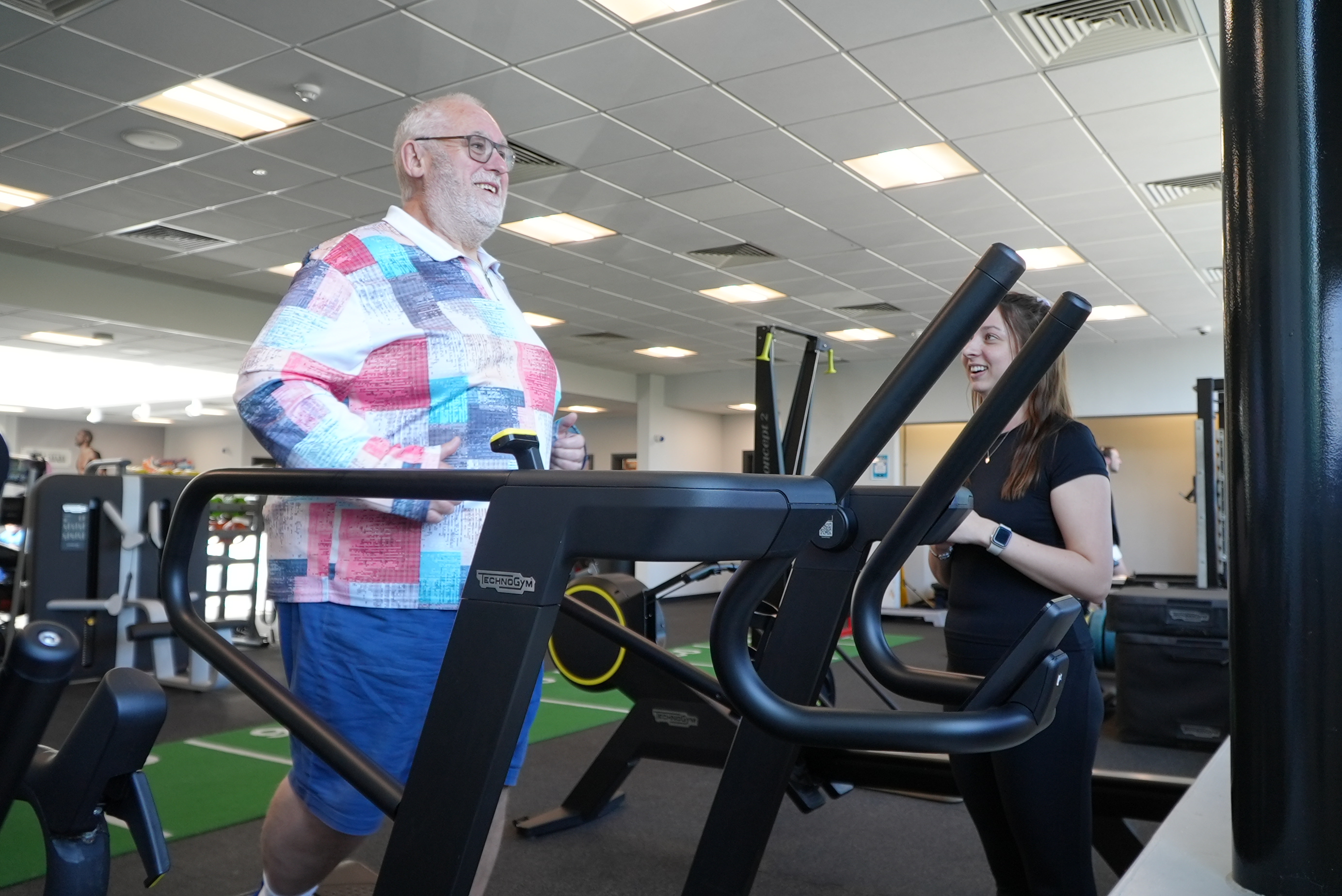 Chris Coupland on a treadmill who joined the Move It Lose It programme in Selby and lost seven stones in weight. Pictured with wellbeing instructor and activity advisor at Selby, Rebecca Pearce. 