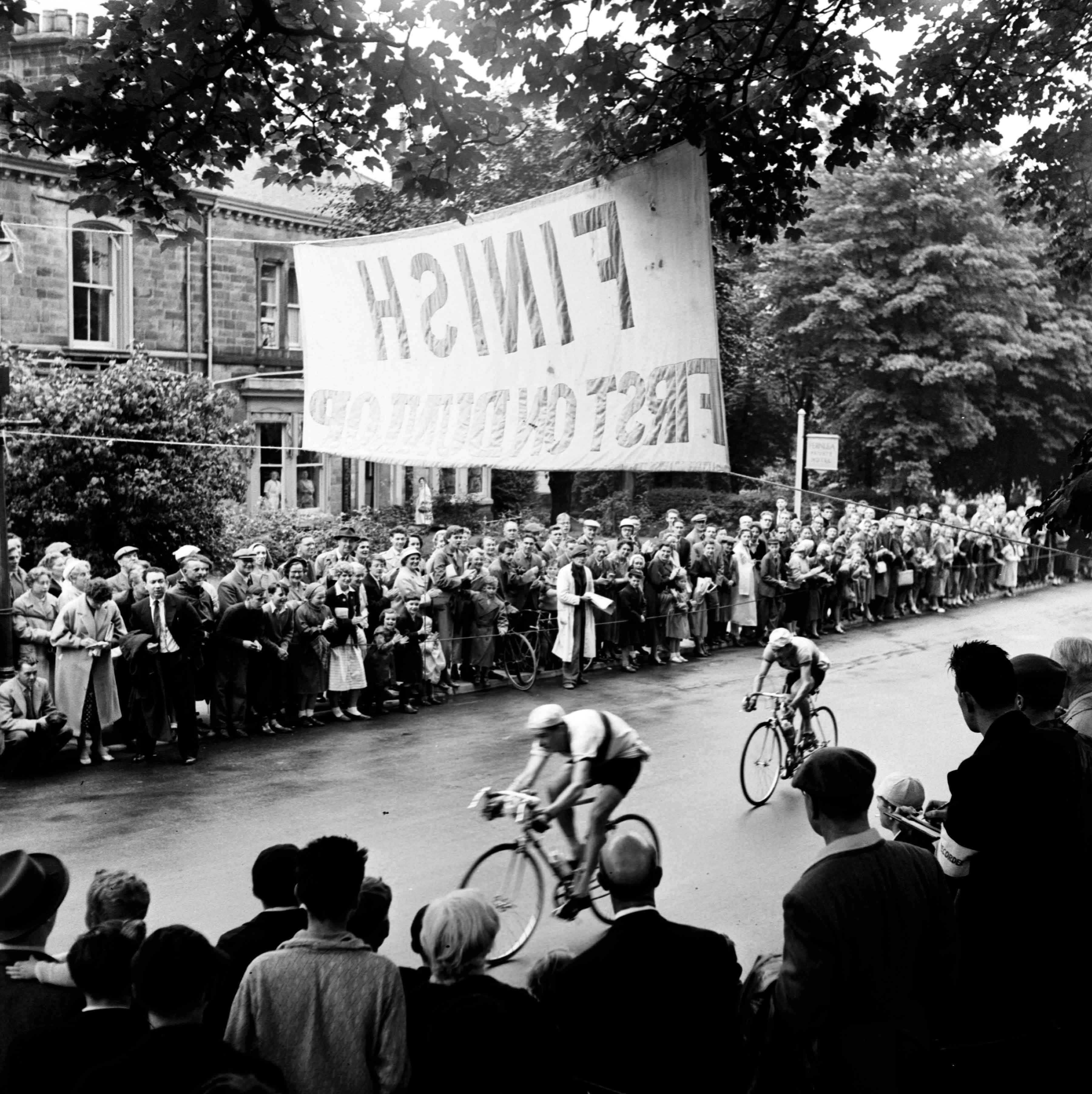 A cycling race during French Week in Harrogate in 1957, and Mr. J.J. Perks, the  winner of the Harrogate French Week cycle race in 1958. From the Bertram Unné photographic collection.