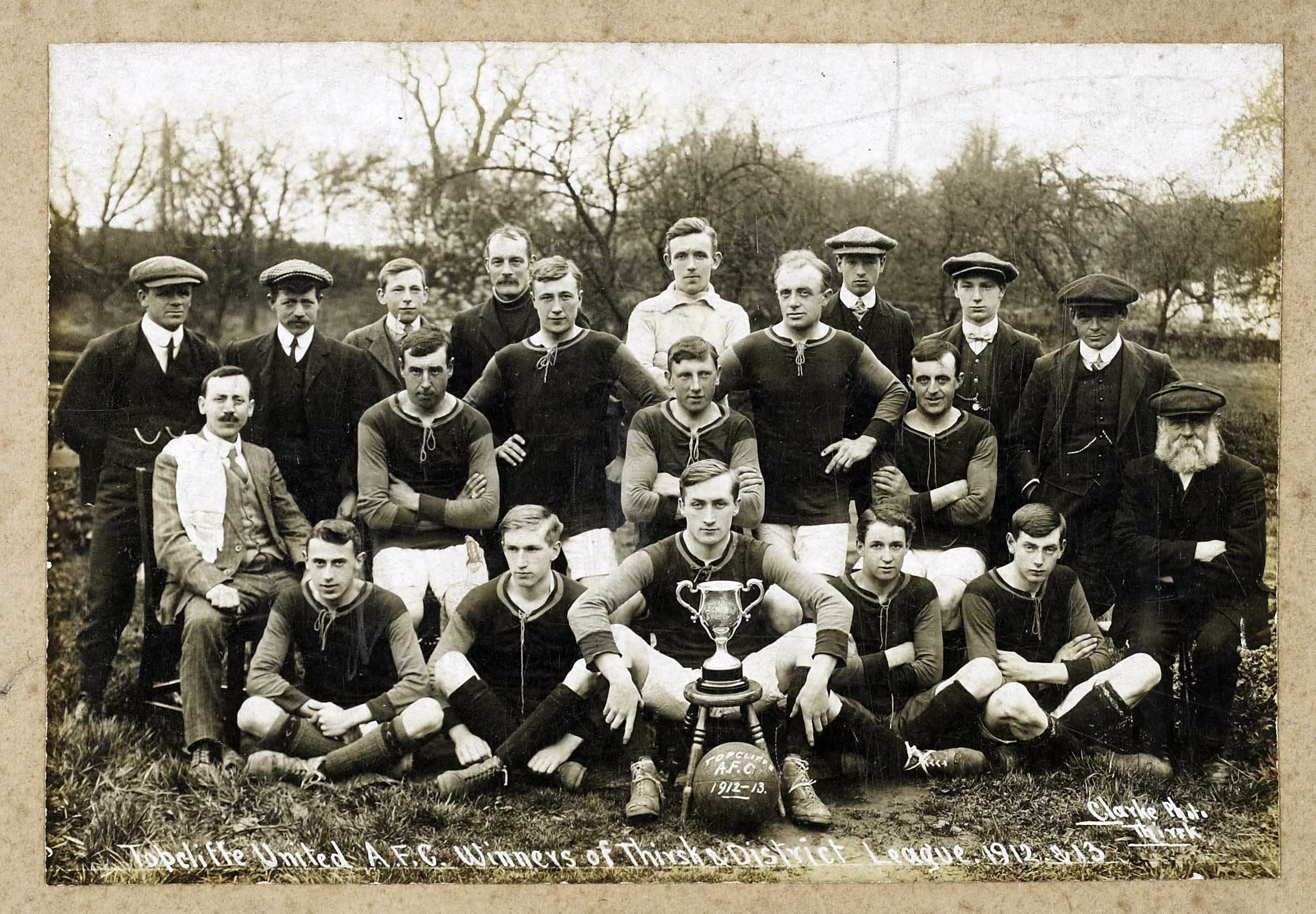 Topcliffe United AFC, the winners of the Thirsk and District League 1912-1913, from a collection of Topcliffe village records.