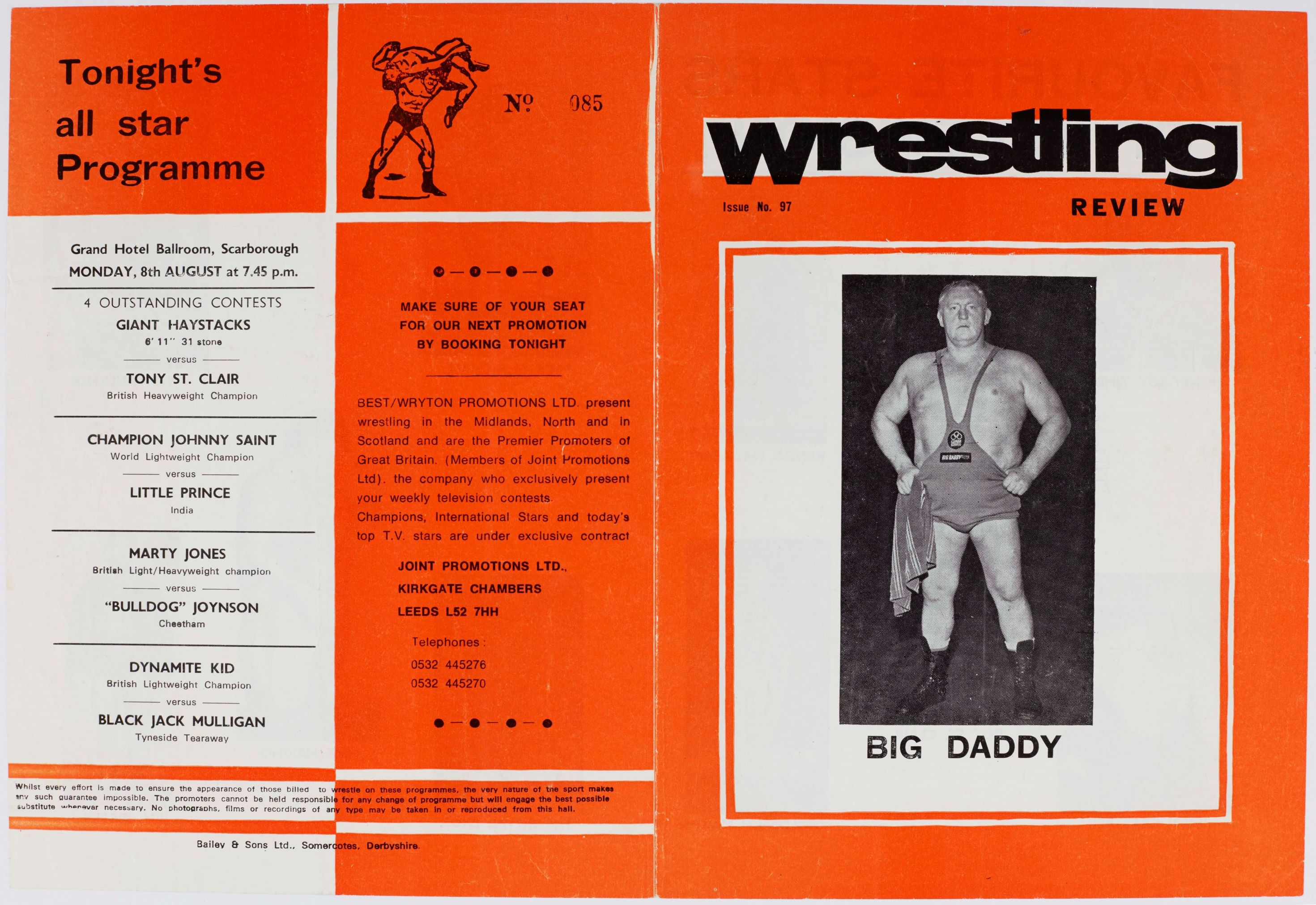 Wrestler Big Daddy on the front cover of a Wrestling Review programme, Grand Hotel Ballroom, Scarborough (no date). 
