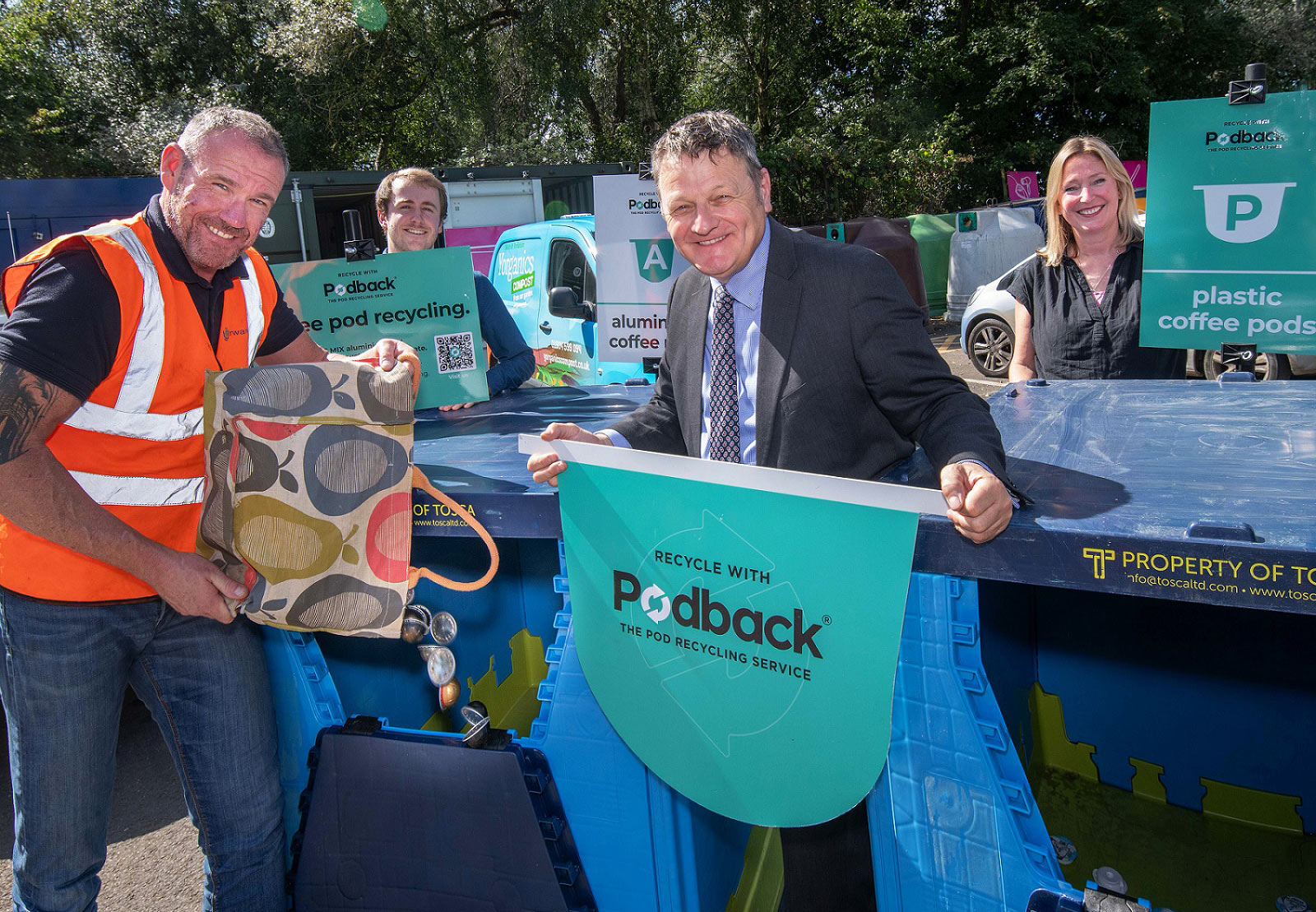 From left, operations manager for household waste recycling centres, Steven Midgley, partnership development and recycling executive at Podback, Paddy Pope, North Yorkshire Council’s executive member for waste services, Cllr Greg White, and service improvement officer, Jenny Lowes. They are showcasing the new coffee pod recycling bins in place at HWRCs across the county.  