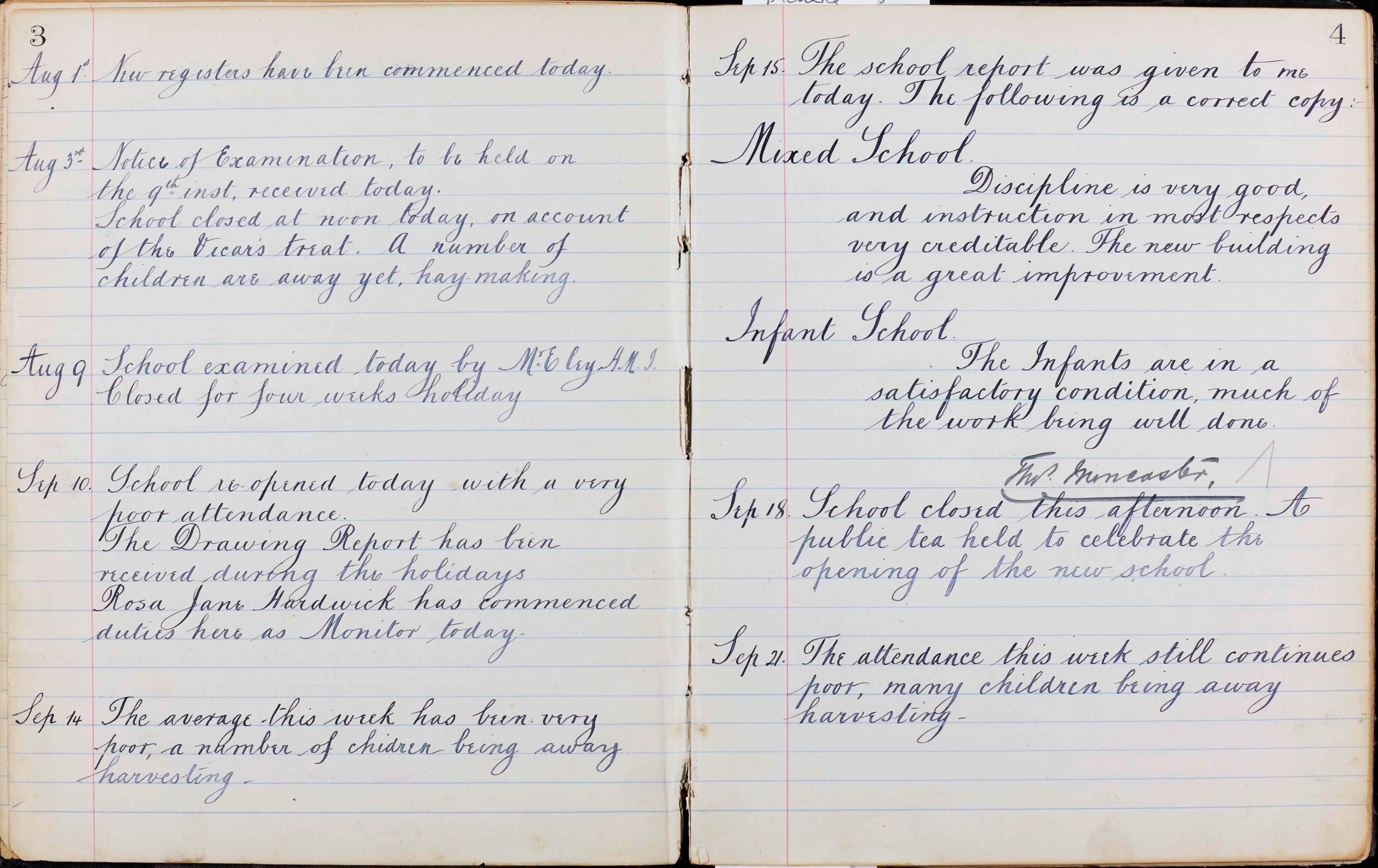 Pages from Rosedale School Logbook (1894-1914) for the year 1894 noting absences of children due to harvesting. School holidays would eventually be arranged to coincide with late summer harvesting and potato-picking.