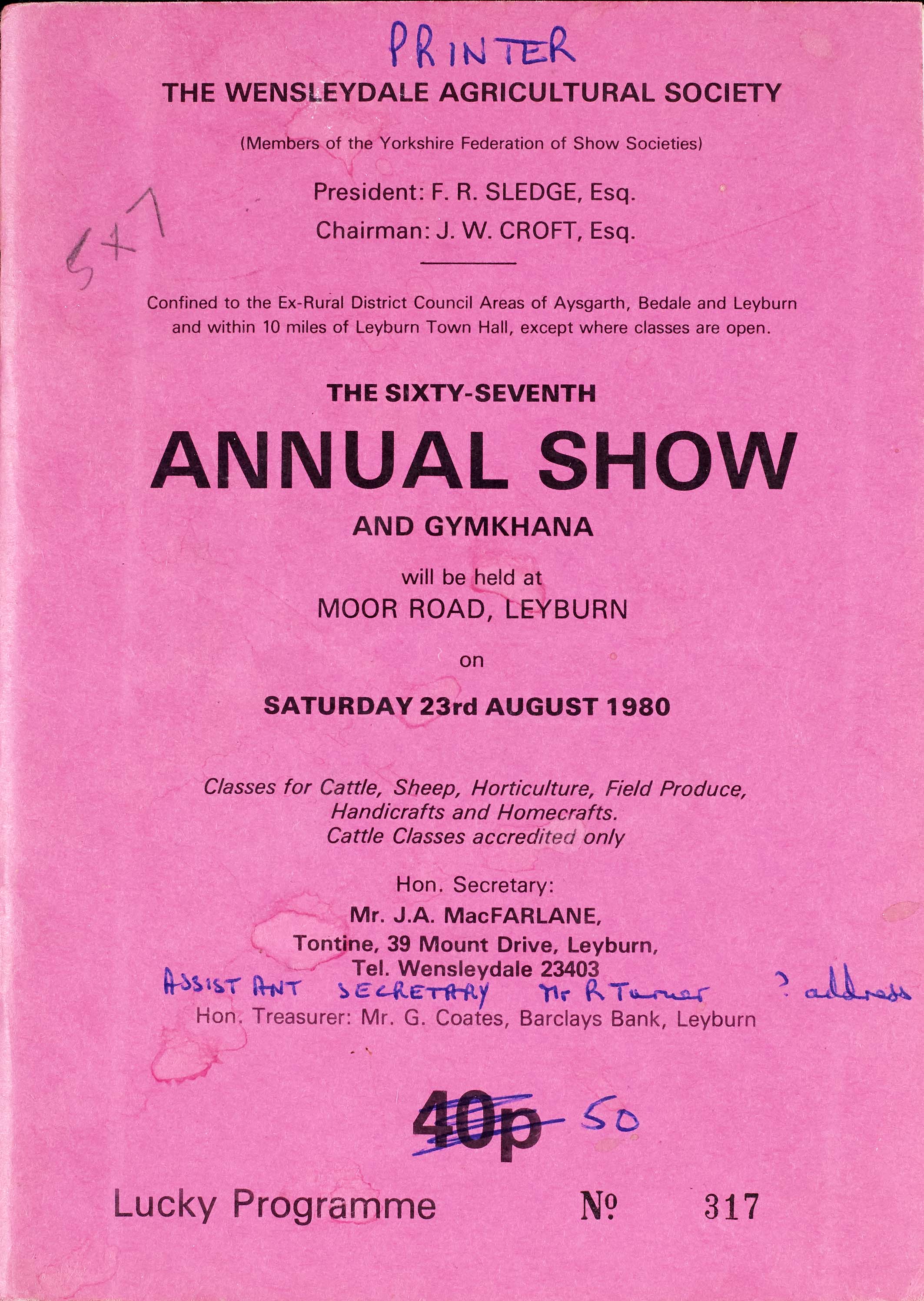 Wensleydale Show programme, 1980. Part of the Wensleydale Agricultural Show collection, which includes minutes, correspondence, accounts, and programmes (1892-1950s). 