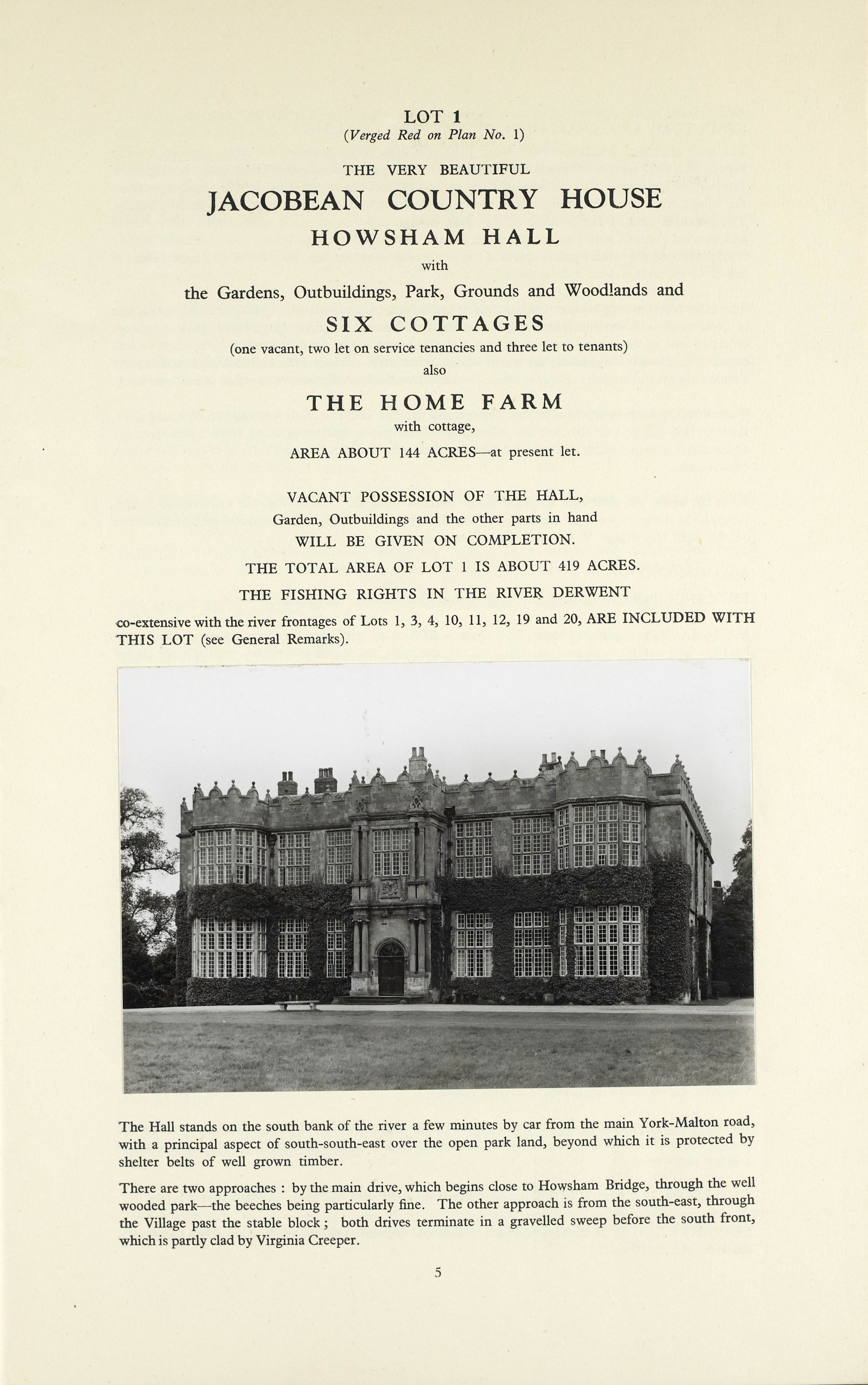 Howsham Hall Estate sale catalogue (1948), advertising as lot one, a “very beautiful Jacobean Country House”.