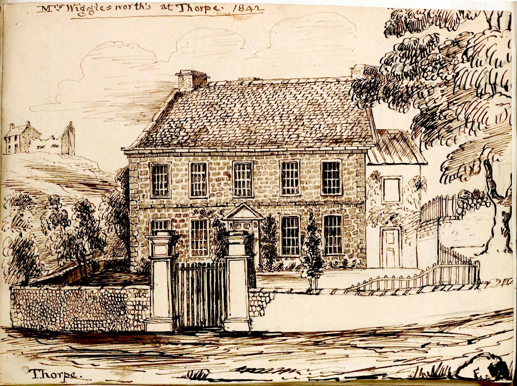 Mrs Wriggleworth’s house at Thorpe (1842), from the Burnsall manuscripts. Notes and illustrations compiled by the Revd. William Bury.