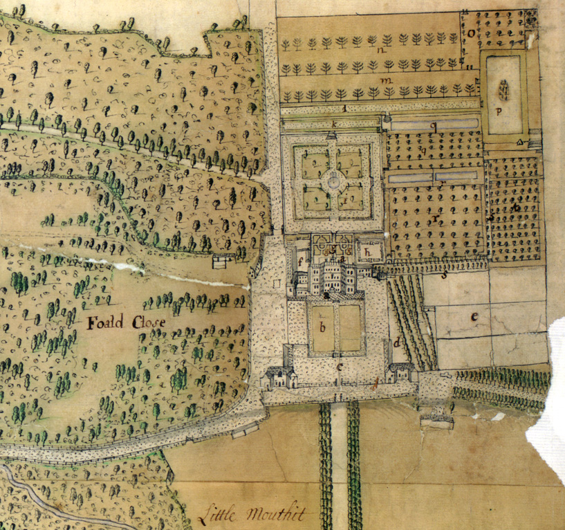 Detail from an undated estate map of Bolton Hall in Wensleydale, showing the hall, formal gardens, and orchards.