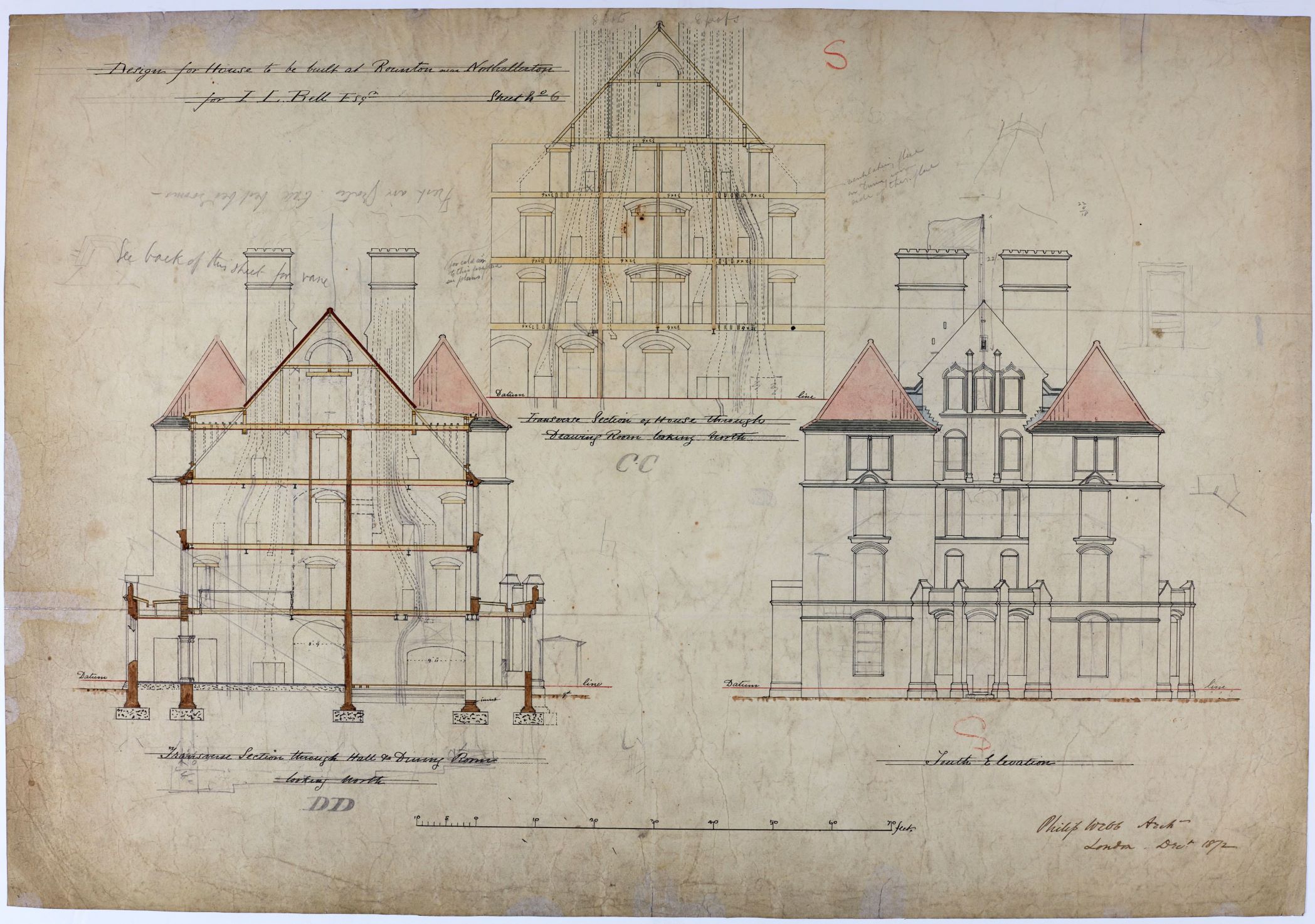 Architectural drawing by Philip Webb for a house at Rounton Grange for I. L. Bell, Esquire (1872), from the Bell of Rounton Grange archive.