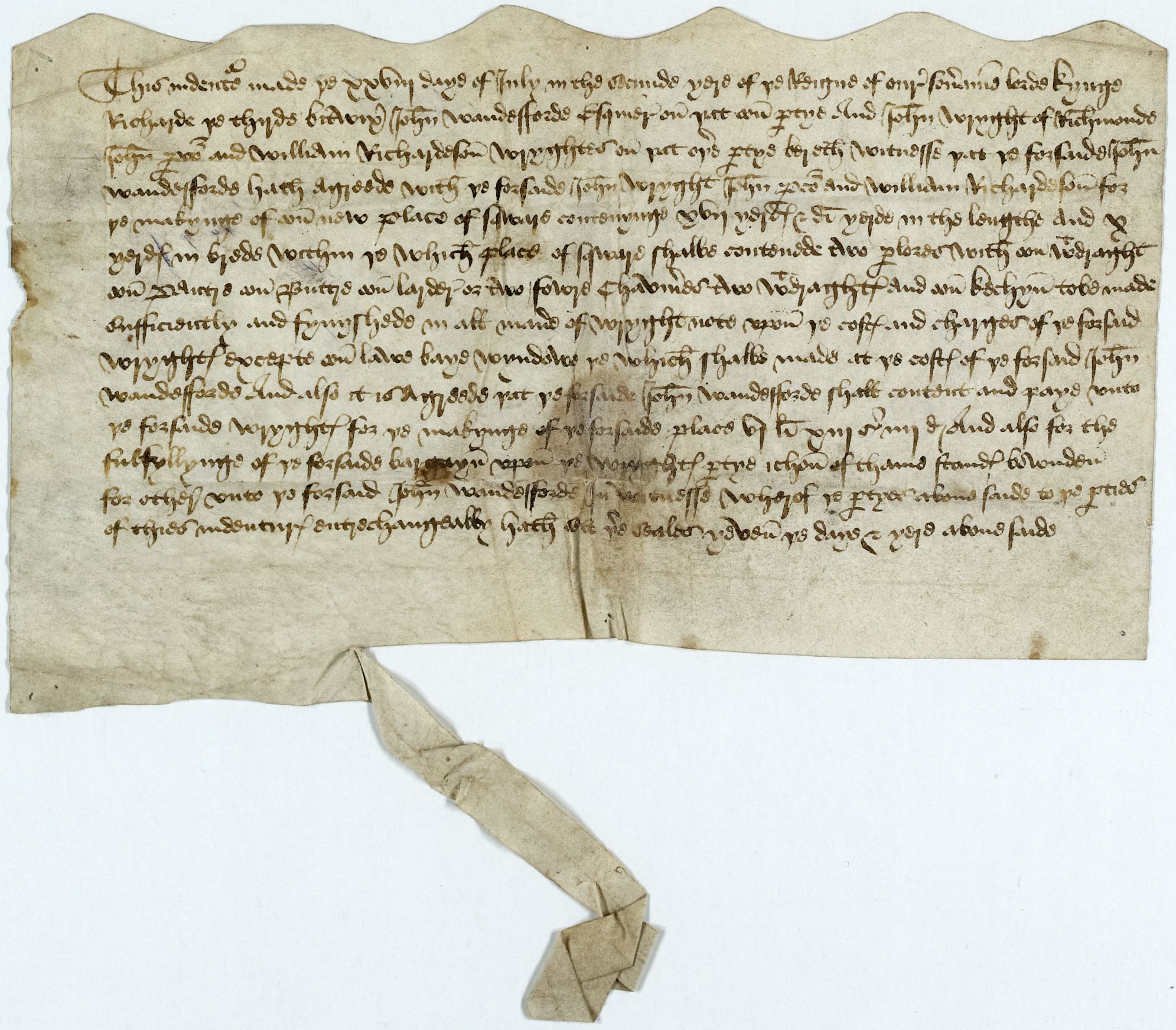 A contract between Sir John Wandesford and three builders for constructing a timber-framed manor house at Kirklington (1484). Each wright (builder) was paid £6 13s 4d on completion of the work – roughly the equivalent of £4, 608.59 in today’s money – though they had to provide all materials themselves.