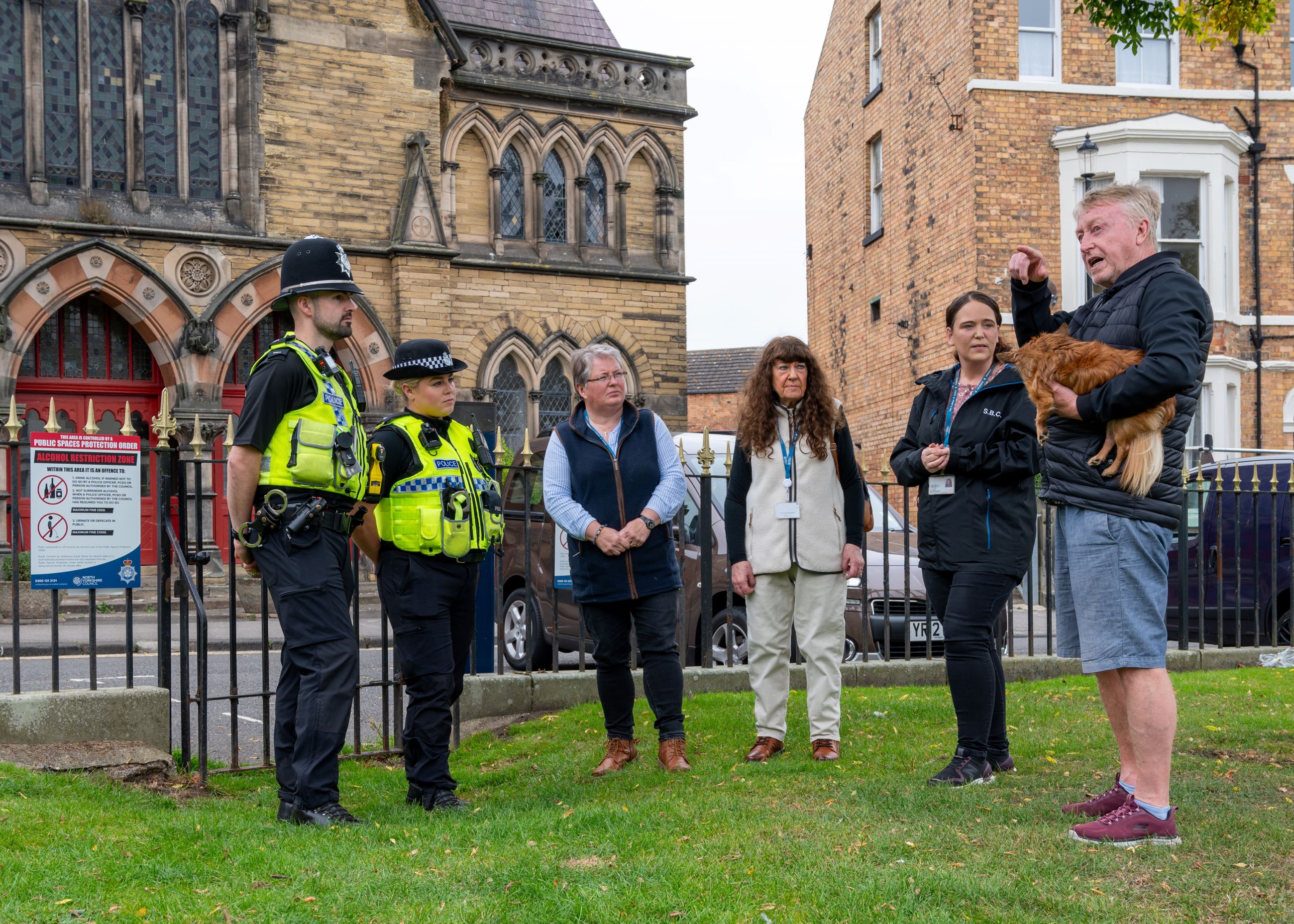 PCs Simon Hunter and Sophie Milner of North Yorkshire Police accompany North Yorkshire Council’s executive member for corporate services, Cllr Heather Phillips, and member for the Castle Division, Cllr Janet Jefferson, resident Tony Gibson and North Yorkshire Council’s senior community safety officer, Rhian Buglass, in the Falsgrave area of Scarborough ahead of the launch of a new Public Spaces Protection Order (PSPO).