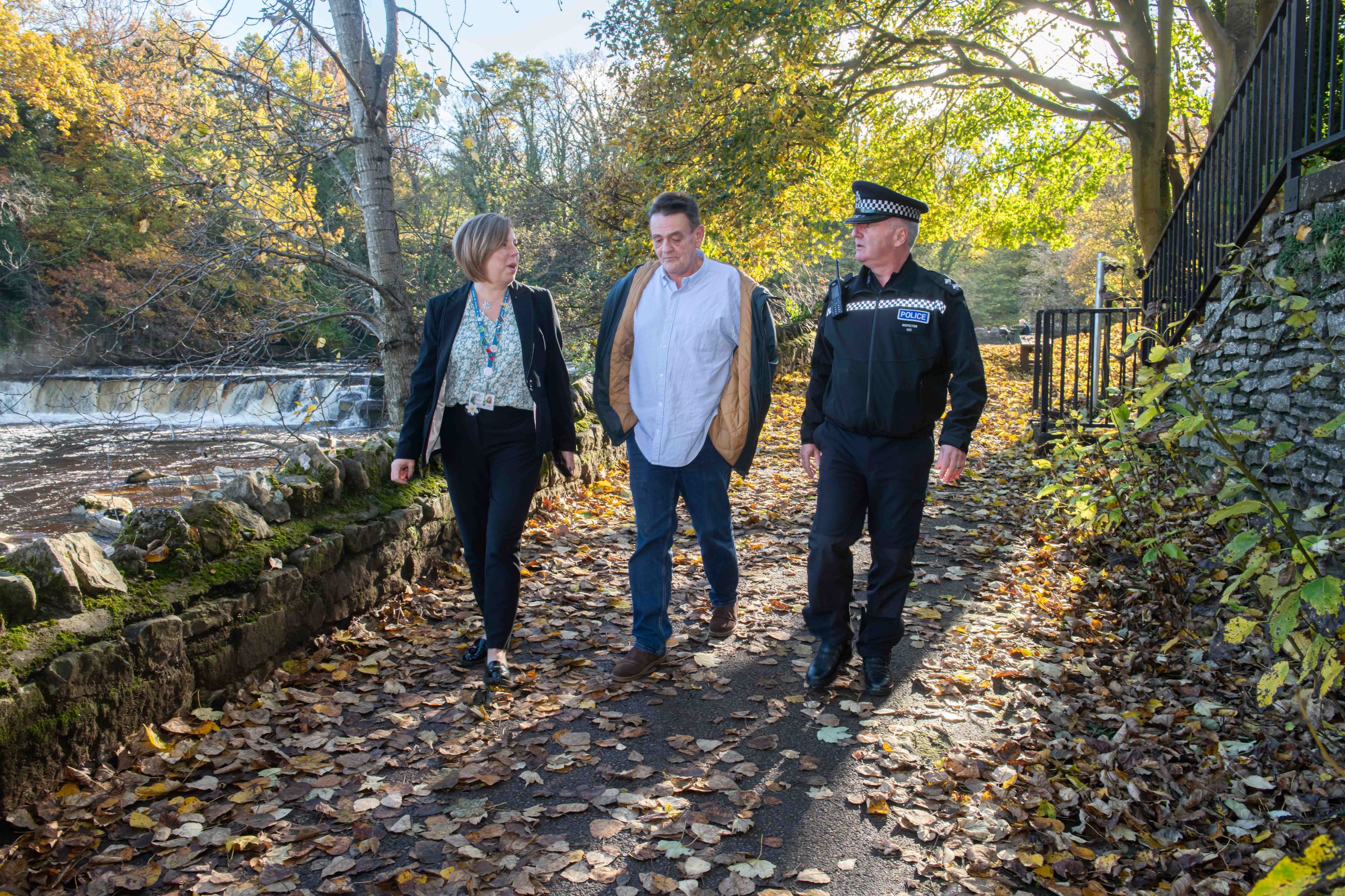 Senior community safety officer, Helenor Gwatkin, and North Yorkshire Council’s member for the Richmond division, Cllr Stuart Parsons, reflect on the success of Project Spotlight at The Falls and Batts area of Richmond with North Yorkshire Police Inspector, Mark Gee.