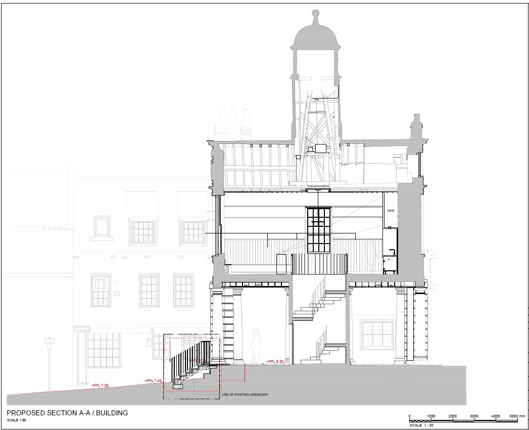 diagram depicting side view of market, extending the bottom floor over the existing sloped cobbles, with a stepped platform coming down from the extended floor to meet the sloped cobbles