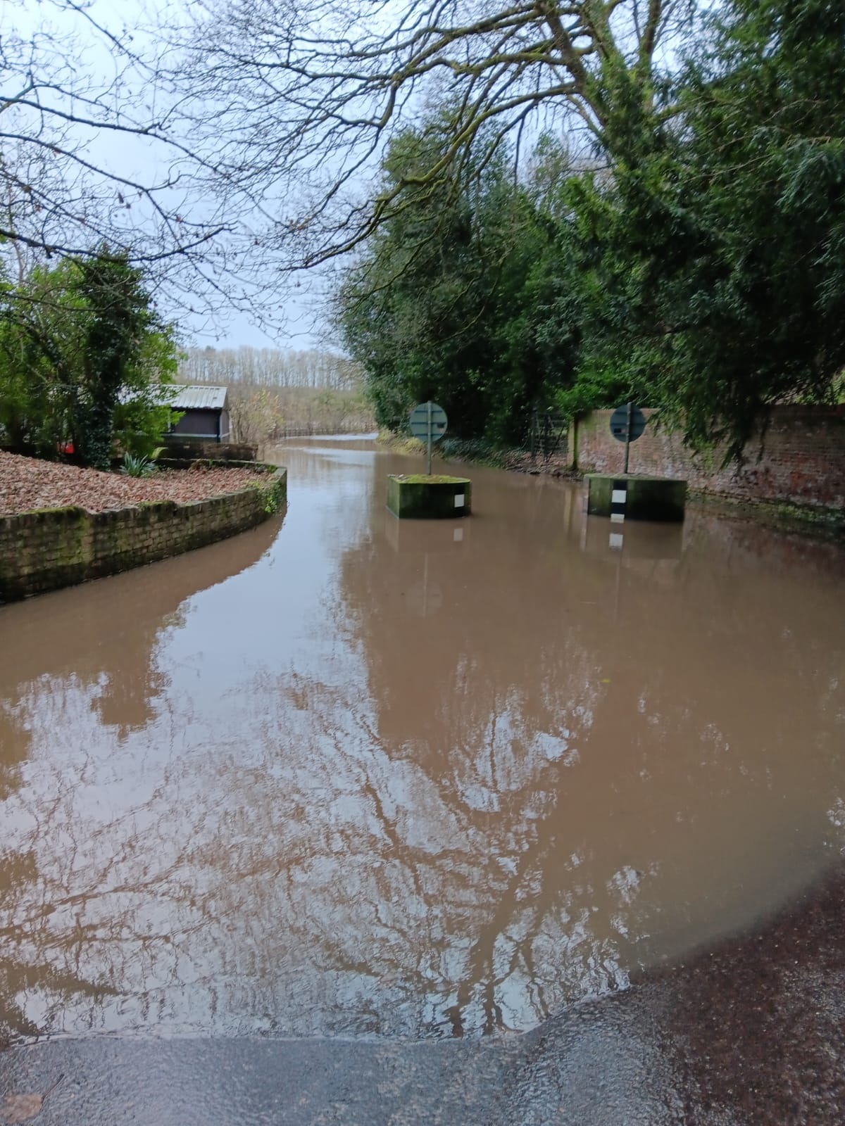 The C177 road between Scrayingham and Buttercrambe completely submerged in flood water