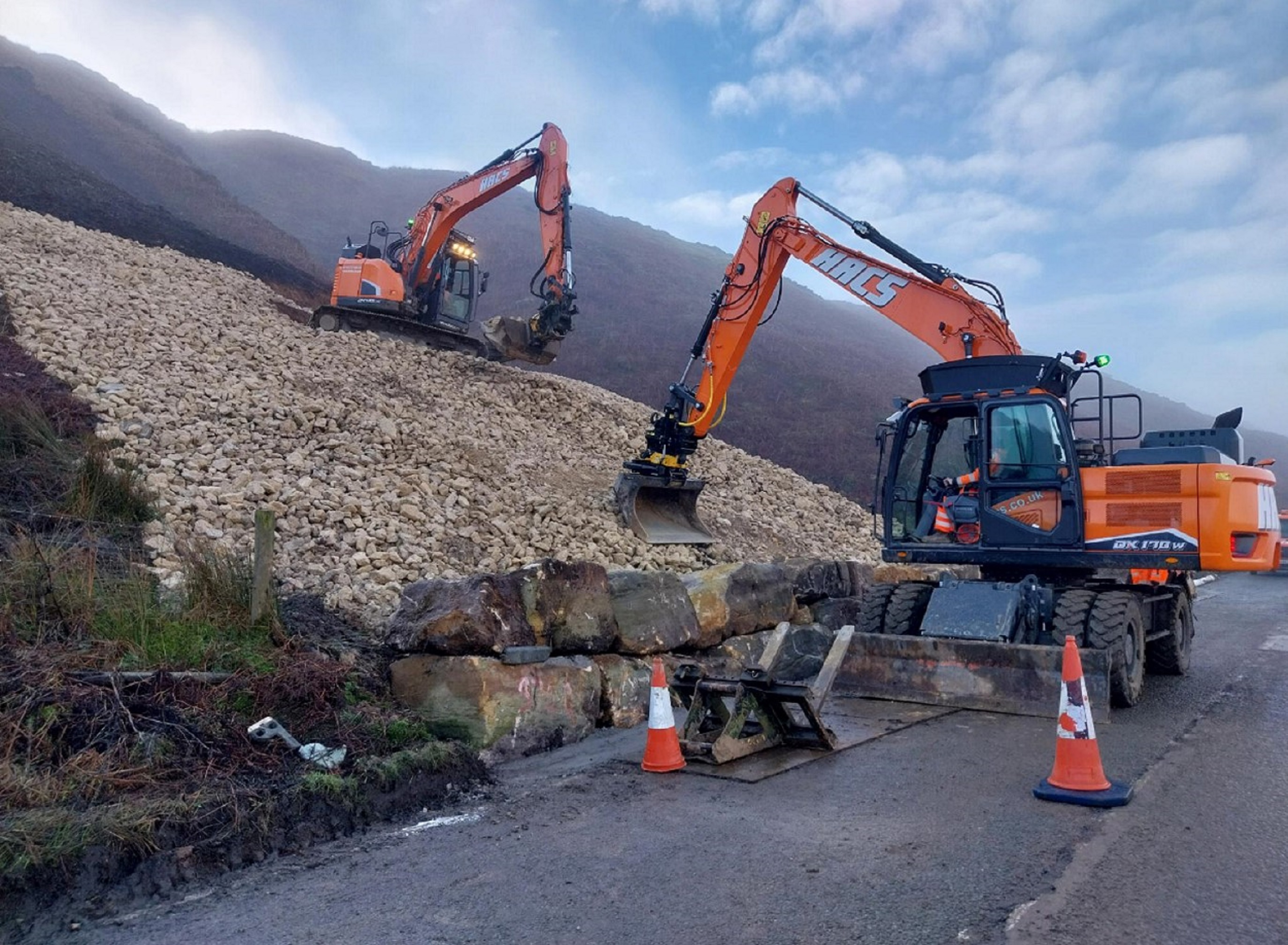 Work being carried out on the A19 at Kex Gill by the Harrogate-based contractor, HACS. The key route has been reopened earlier than scheduled following a landslip in the early hours of New Year’s Day.