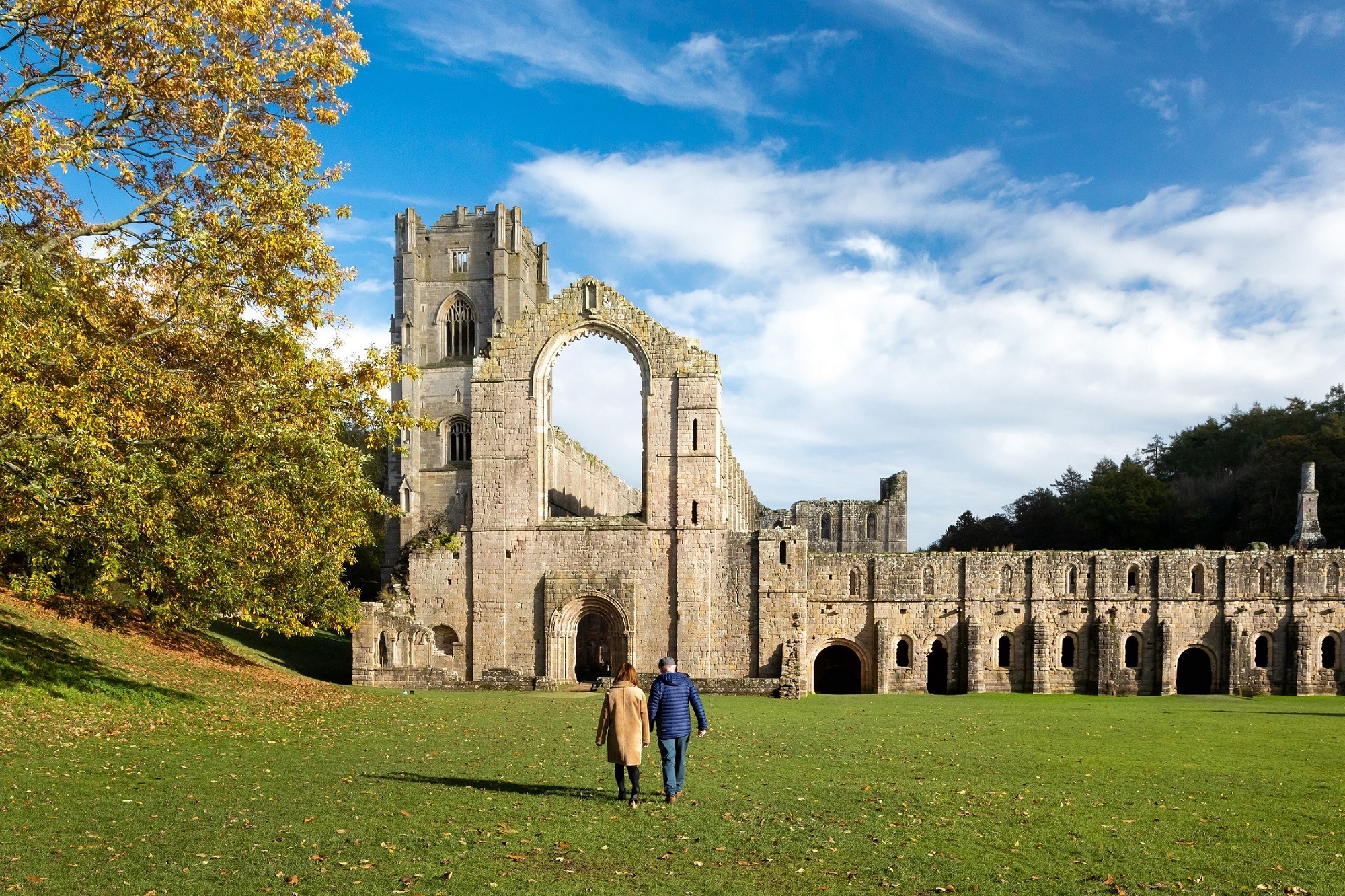 A couple walking towards Fountains Abbey