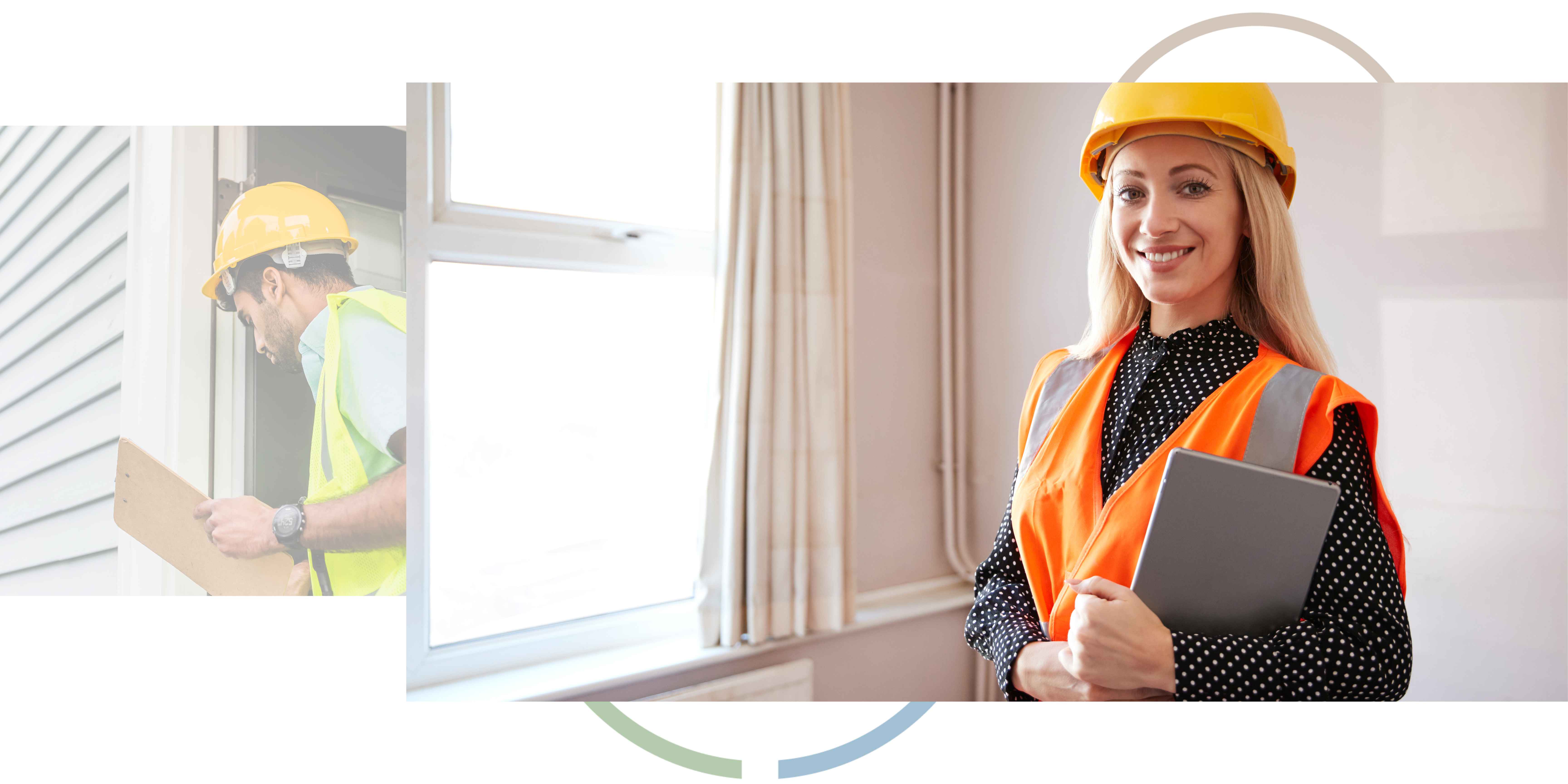 A lady wearing high visibility clothing and a hard hat. 