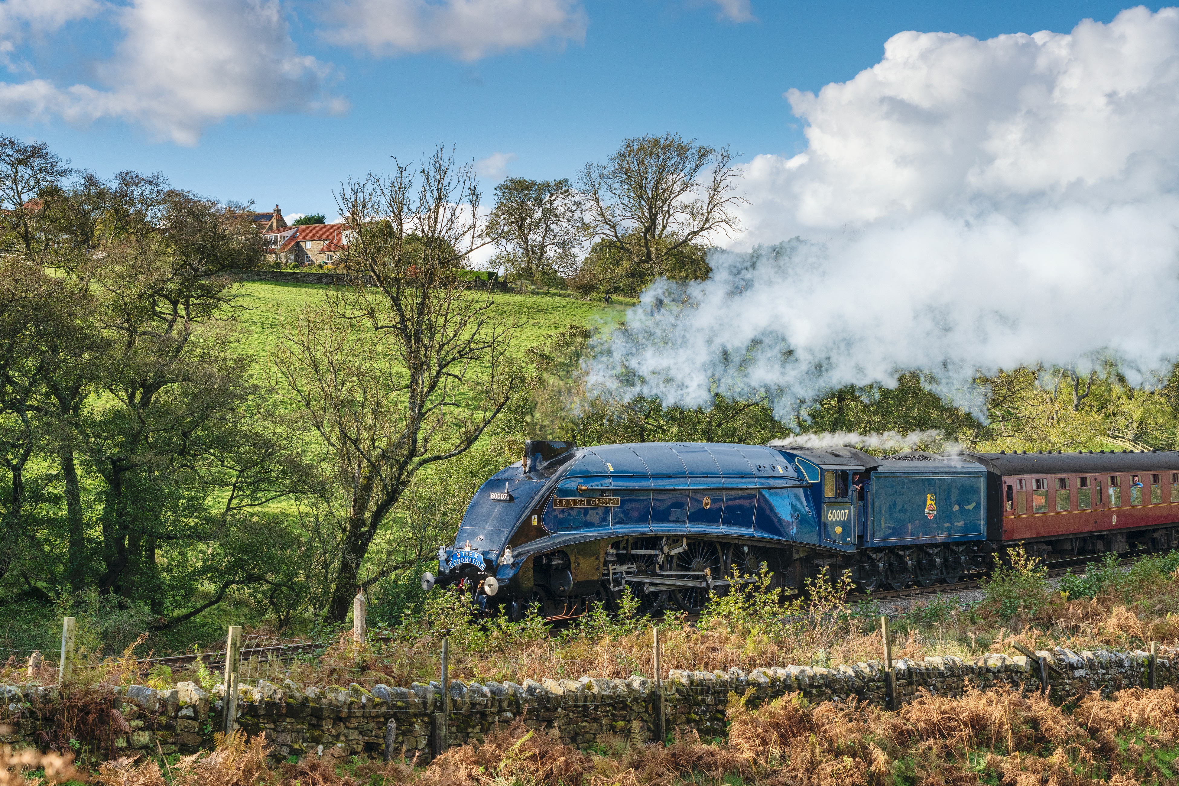 A blue steam train