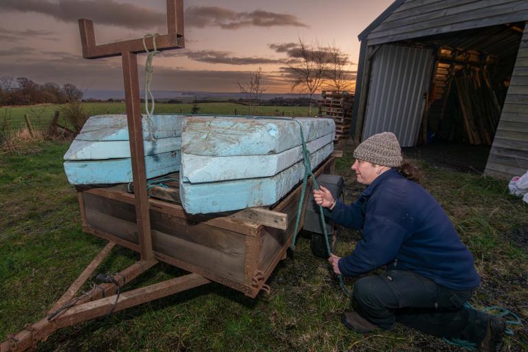 Competitor Edmund Ulliott putting the final touches to his raft and loading it onto his trailer.