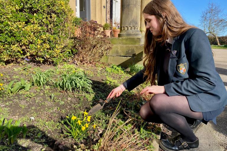 A girl gardening at Ripon Grammar school