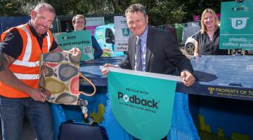 From left, operations manager for household waste recycling centres, Steven Midgley, partnership development and recycling executive at Podback, Paddy Pope, North Yorkshire Council’s executive member for waste services, Cllr Greg White, and service improvement officer, Jenny Lowes. They are showcasing the new coffee pod recycling bins in place at HWRCs across the county.  