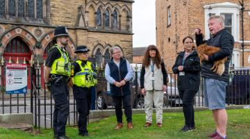 PCs Simon Hunter and Sophie Milner of North Yorkshire Police accompany North Yorkshire Council’s executive member for corporate services, Cllr Heather Phillips, and member for the Castle Division, Cllr Janet Jefferson, resident Tony Gibson and North Yorkshire Council’s senior community safety officer, Rhian Buglass, in the Falsgrave area of Scarborough ahead of the launch of a new Public Spaces Protection Order (PSPO).