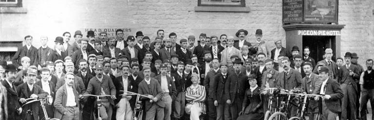Members of the Scarborough Cycling Club are pictured outside the Pigeon Pie Hotel at Sherburn between Scarborough and Malton. From the Bertram Unné photographic collection.