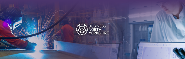 A montage including industrial manufacturing and scientific research being carried out under the Business North Yorkshire logo.